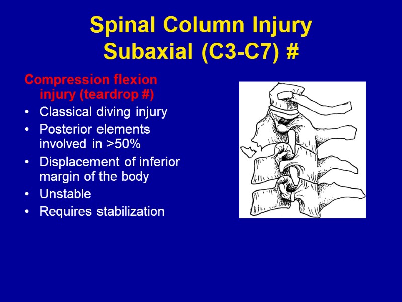 Spinal Column Injury Subaxial (C3-C7) # Compression flexion injury (teardrop #) Classical diving injury